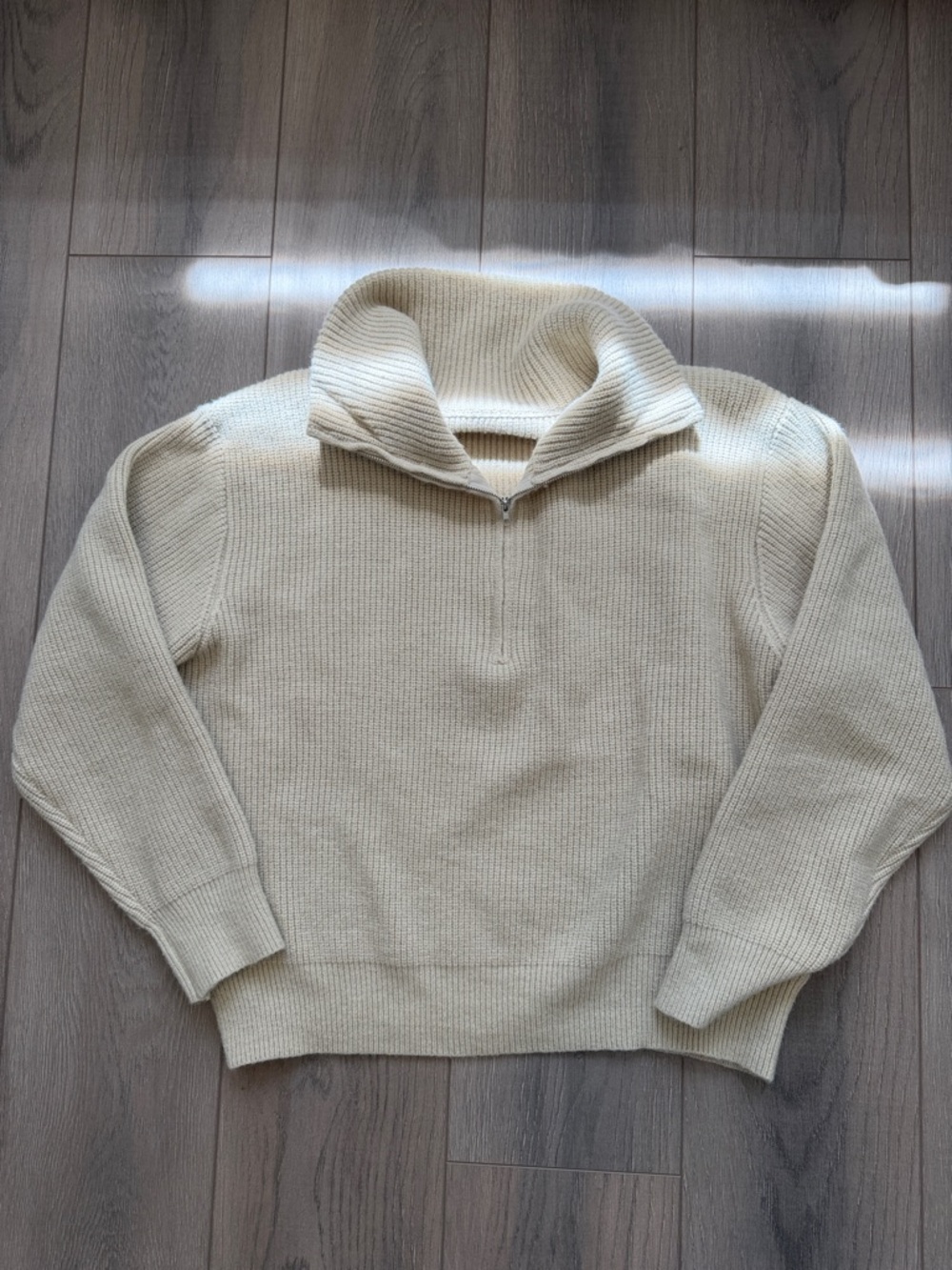 Cream Half-Zip Ribbed Knit Sweater
